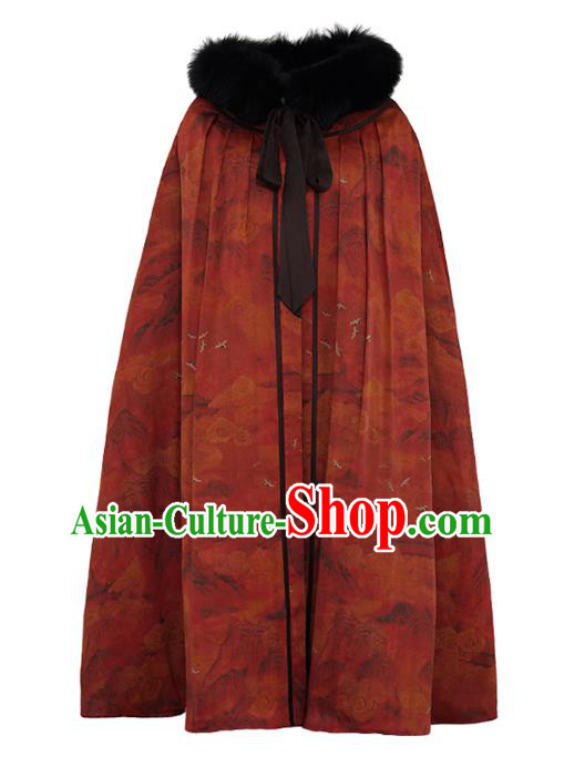 China National Red Gambiered Guangdong Gauze Cape Winter Women Clothing Li Ziqi Silk Cloak