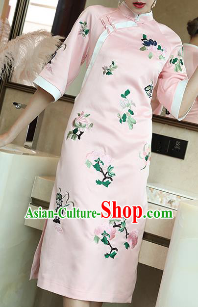 China Classical Embroidered Pink Silk Cheongsam Traditional Tang Suit Qipao Dress