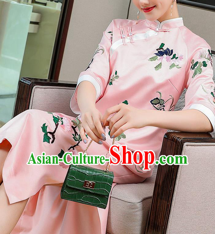China Classical Embroidered Pink Silk Cheongsam Traditional Tang Suit Qipao Dress