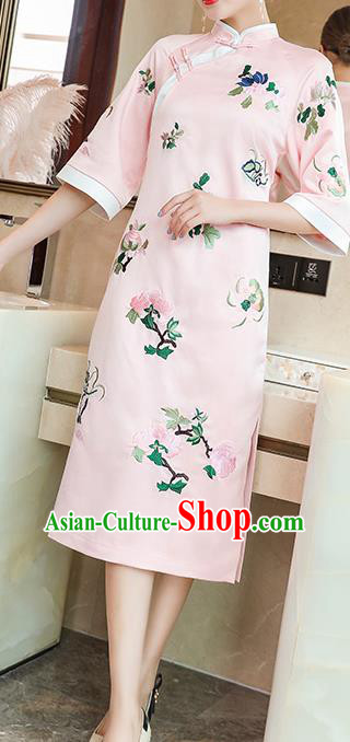 China Classical Embroidered Pink Silk Cheongsam Traditional Tang Suit Qipao Dress