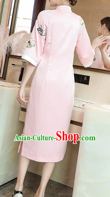 China Classical Embroidered Pink Silk Cheongsam Traditional Tang Suit Qipao Dress