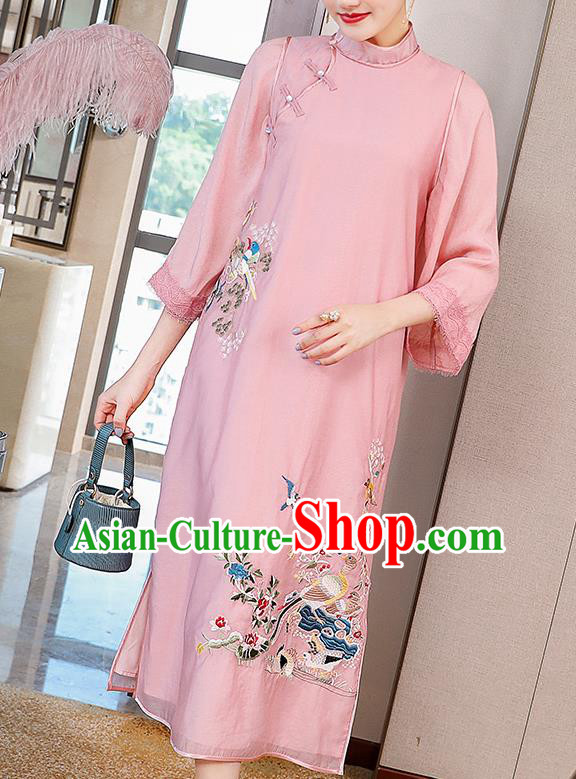China Traditional Tang Suit Round Collar Qipao Dress Classical Embroidered Pink Tencel Cheongsam