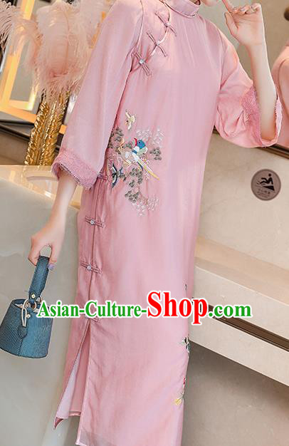 China Traditional Tang Suit Round Collar Qipao Dress Classical Embroidered Pink Tencel Cheongsam