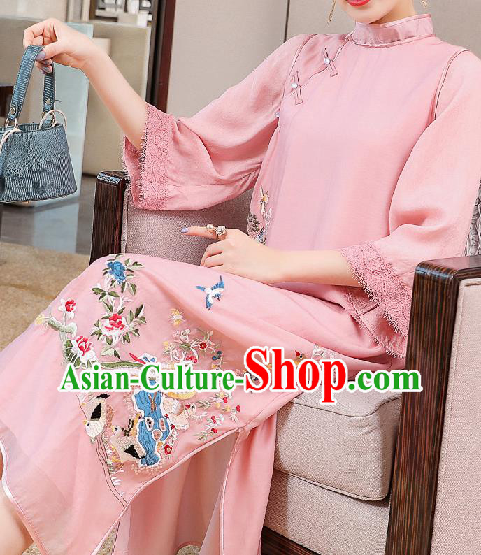 China Traditional Tang Suit Round Collar Qipao Dress Classical Embroidered Pink Tencel Cheongsam