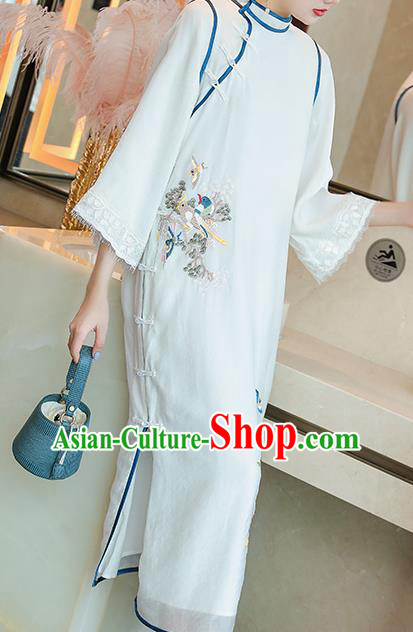 China Classical Embroidered White Tencel Cheongsam Traditional Tang Suit Round Collar Qipao Dress
