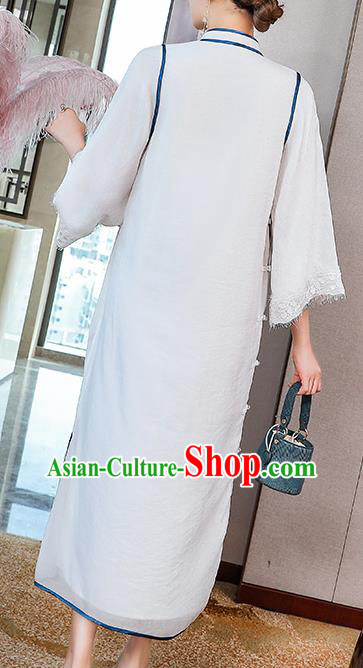 China Classical Embroidered White Tencel Cheongsam Traditional Tang Suit Round Collar Qipao Dress