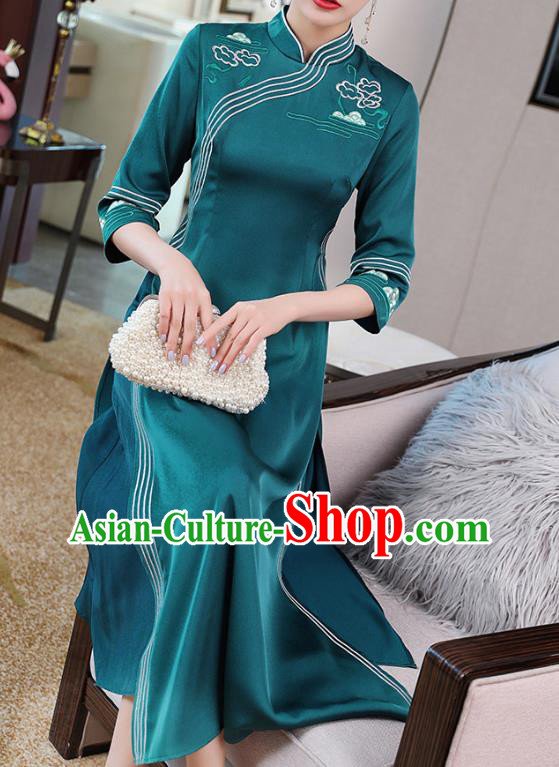 China Classical Embroidered Blue Satin Cheongsam Traditional Tang Suit Ao Dai Qipao Dress