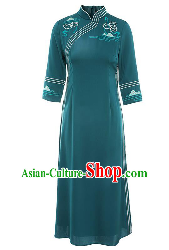 China Classical Embroidered Blue Satin Cheongsam Traditional Tang Suit Ao Dai Qipao Dress