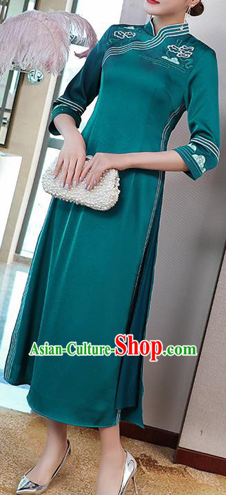 China Classical Embroidered Blue Satin Cheongsam Traditional Tang Suit Ao Dai Qipao Dress