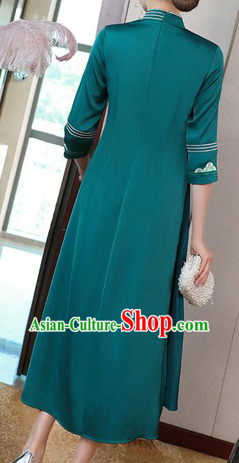 China Classical Embroidered Blue Satin Cheongsam Traditional Tang Suit Ao Dai Qipao Dress