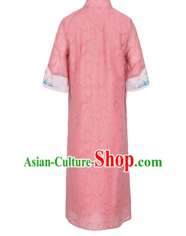 China Classical Embroidered Cheongsam Traditional Tang Suit Pink Tencel Qipao Dress