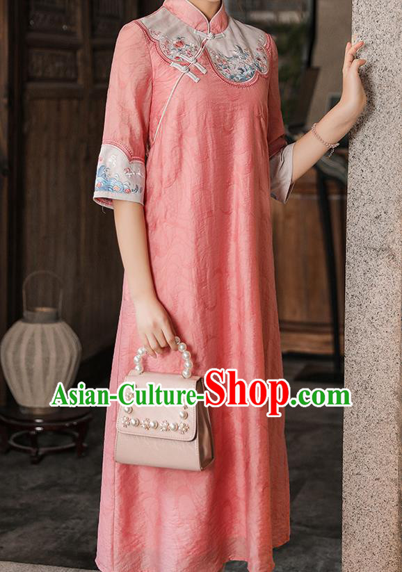 China Classical Embroidered Cheongsam Traditional Tang Suit Pink Tencel Qipao Dress