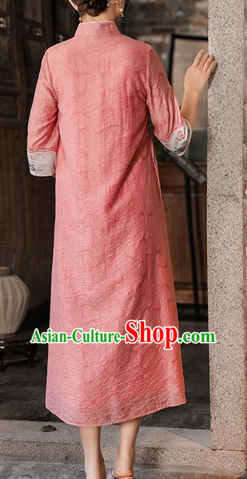 China Classical Embroidered Cheongsam Traditional Tang Suit Pink Tencel Qipao Dress