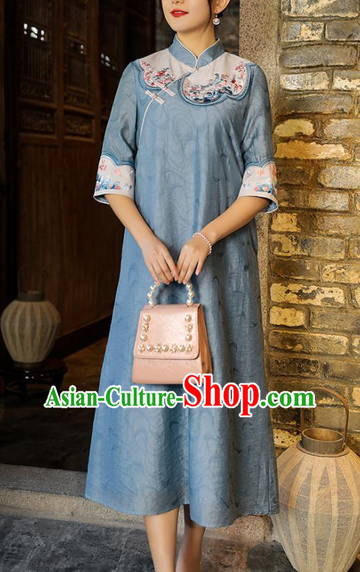 China Traditional Tang Suit Blue Tencel Qipao Dress Classical Embroidered Cheongsam