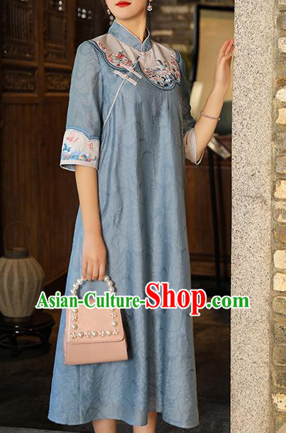 China Traditional Tang Suit Blue Tencel Qipao Dress Classical Embroidered Cheongsam