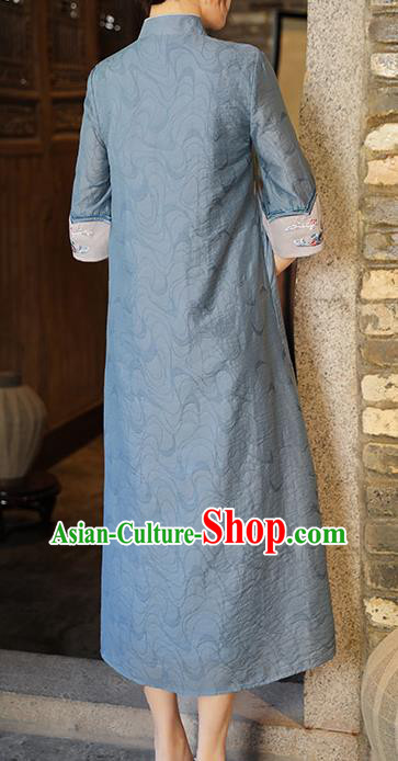 China Traditional Tang Suit Blue Tencel Qipao Dress Classical Embroidered Cheongsam