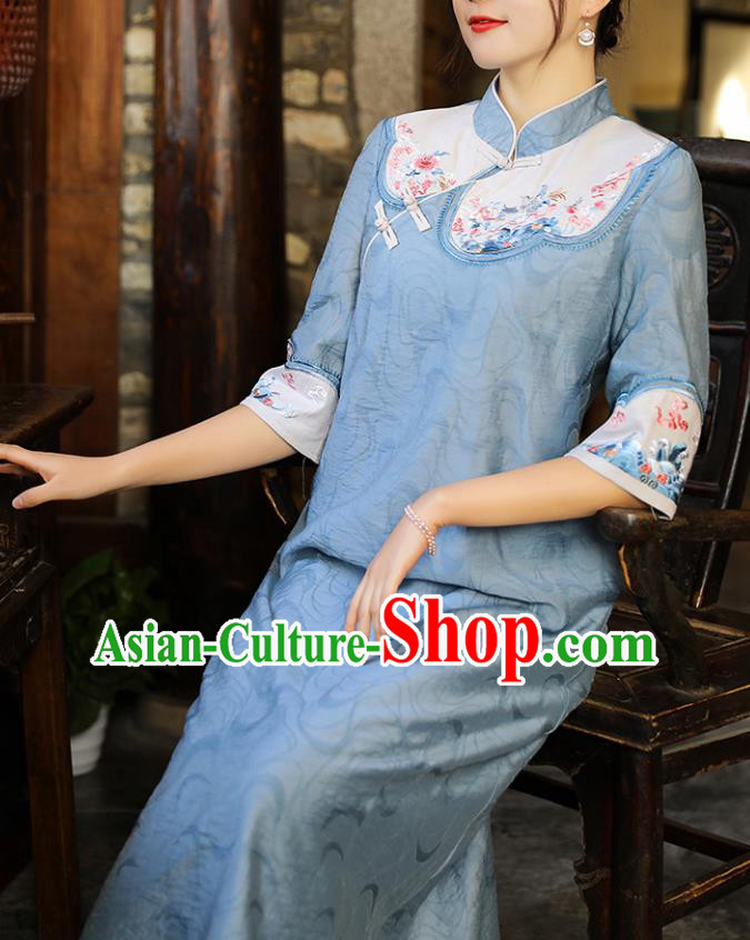 China Traditional Tang Suit Blue Tencel Qipao Dress Classical Embroidered Cheongsam