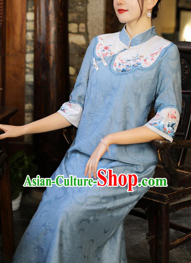 China Traditional Tang Suit Blue Tencel Qipao Dress Classical Embroidered Cheongsam