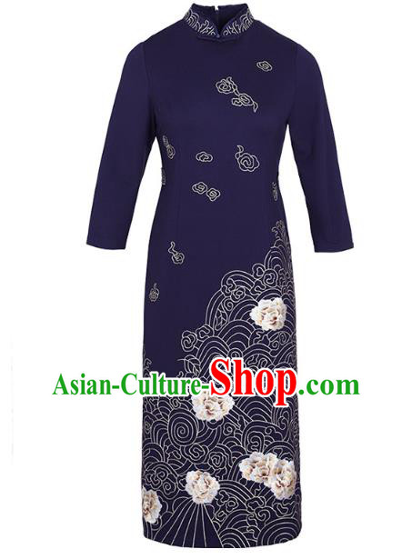 China Traditional Tang Suit Navy Satin Qipao Dress Modern Dance Ao Dai Cheongsam
