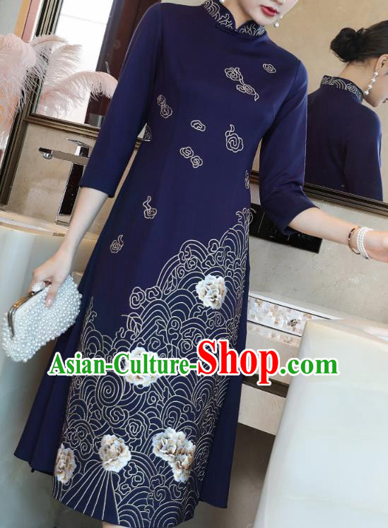 China Traditional Tang Suit Navy Satin Qipao Dress Modern Dance Ao Dai Cheongsam