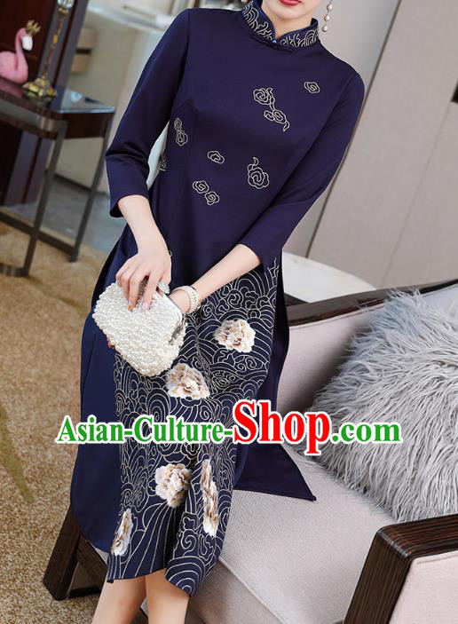 China Traditional Tang Suit Navy Satin Qipao Dress Modern Dance Ao Dai Cheongsam