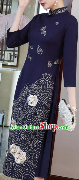 China Traditional Tang Suit Navy Satin Qipao Dress Modern Dance Ao Dai Cheongsam