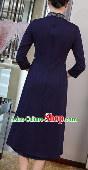 China Traditional Tang Suit Navy Satin Qipao Dress Modern Dance Ao Dai Cheongsam