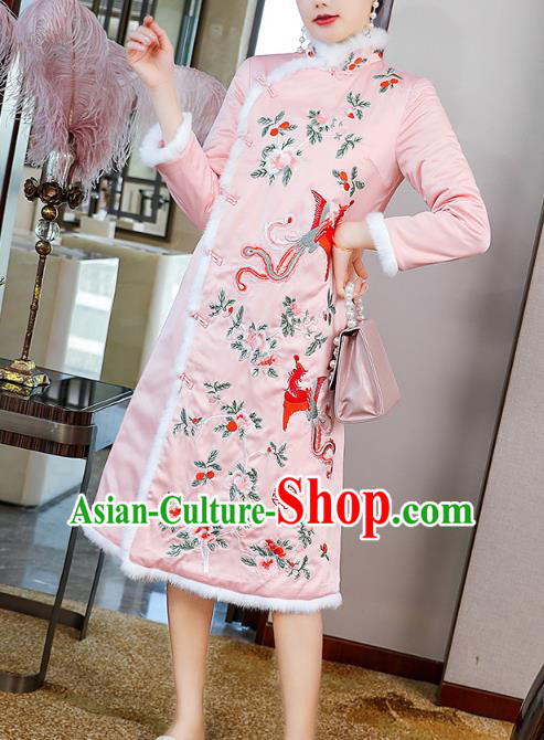 China Traditional Classical Pink Silk Qipao Dress Tang Suit Embroidered Phoenix Peony Cheongsam