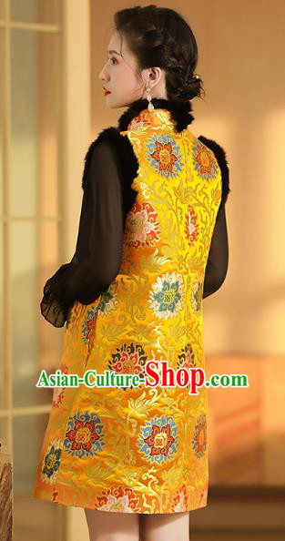 Chinese Traditional Tang Suit Yellow Brocade Vest National Winter Cotton Wadded Waistcoat