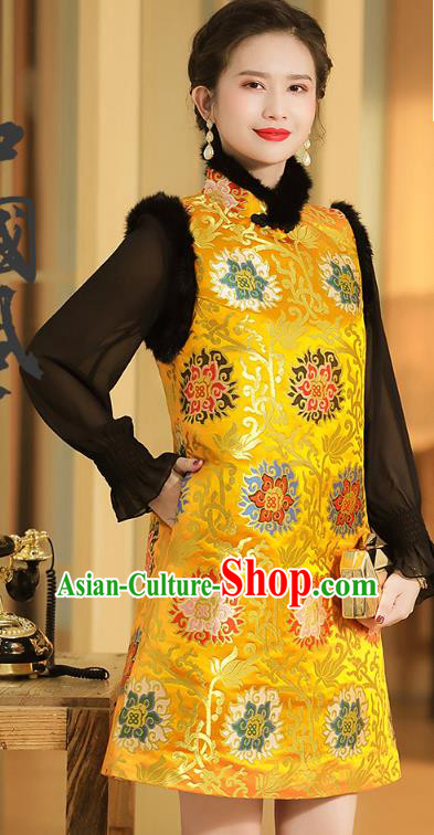 Chinese Traditional Tang Suit Yellow Brocade Vest National Winter Cotton Wadded Waistcoat