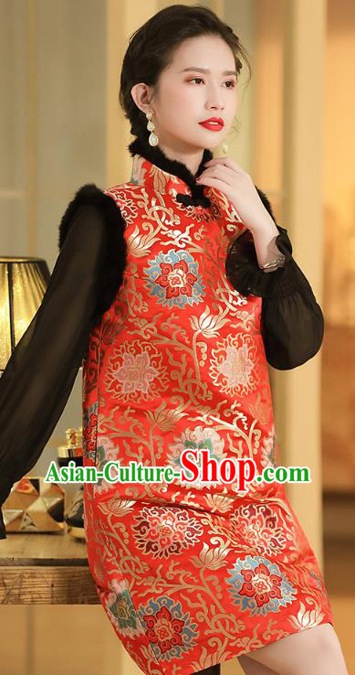 Chinese National Winter Cotton Wadded Waistcoat Traditional Tang Suit Red Brocade Vest