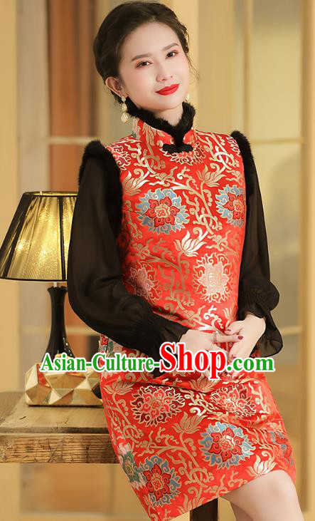 Chinese National Winter Cotton Wadded Waistcoat Traditional Tang Suit Red Brocade Vest