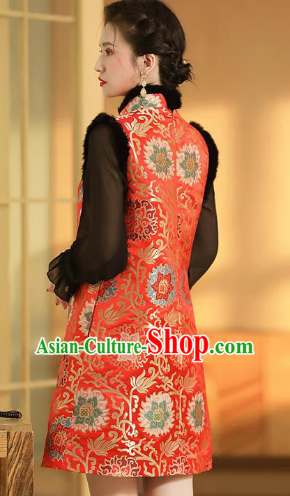 Chinese National Winter Cotton Wadded Waistcoat Traditional Tang Suit Red Brocade Vest