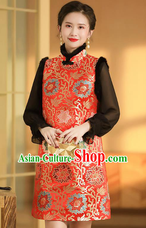 Chinese National Winter Cotton Wadded Waistcoat Traditional Tang Suit Red Brocade Vest