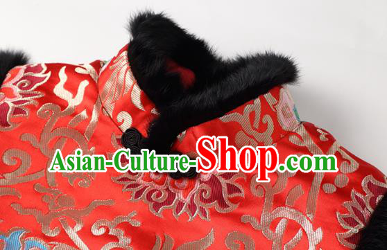 Chinese National Winter Cotton Wadded Waistcoat Traditional Tang Suit Red Brocade Vest