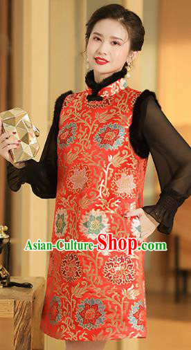 Chinese National Winter Cotton Wadded Waistcoat Traditional Tang Suit Red Brocade Vest
