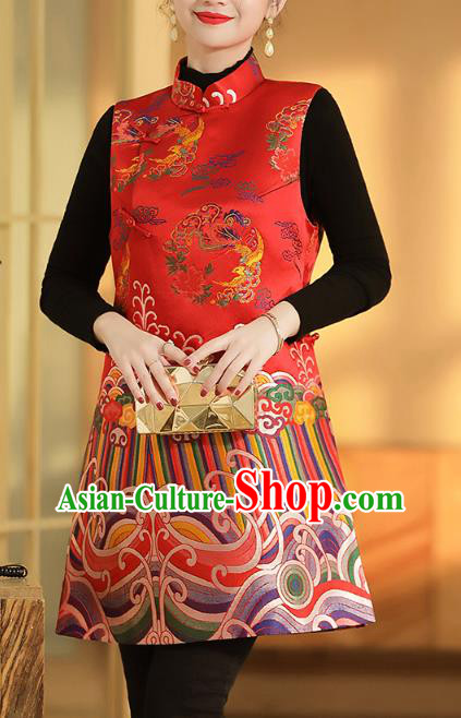 Chinese Traditional Tang Suit Vest Classical Phoenix Peony Pattern Red Brocade Waistcoat