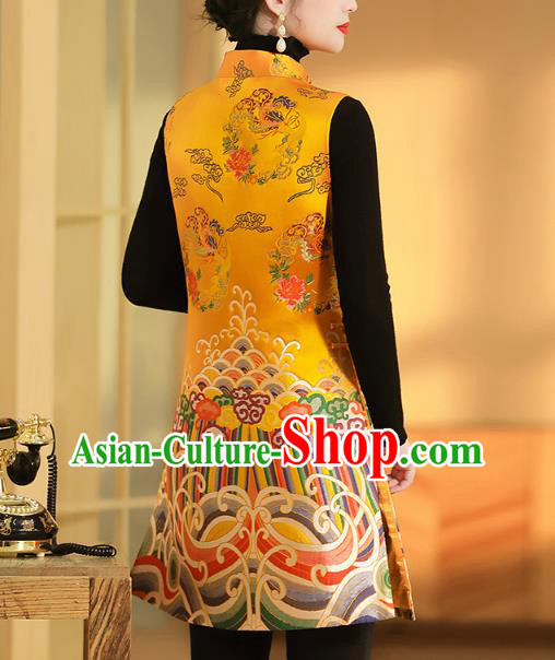 Chinese Classical Phoenix Peony Pattern Yellow Brocade Waistcoat Traditional Tang Suit Vest
