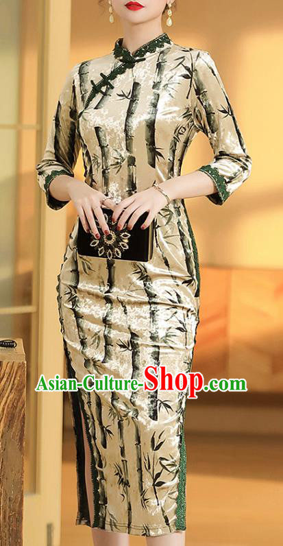 China Classical Qipao Dress Traditional Tang Suit Printing Bamboo Cheongsam Costume