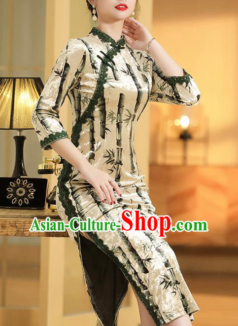 China Classical Qipao Dress Traditional Tang Suit Printing Bamboo Cheongsam Costume