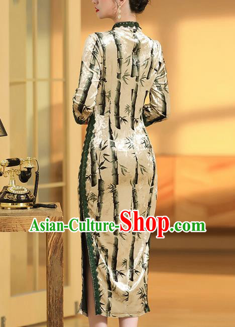 China Classical Qipao Dress Traditional Tang Suit Printing Bamboo Cheongsam Costume
