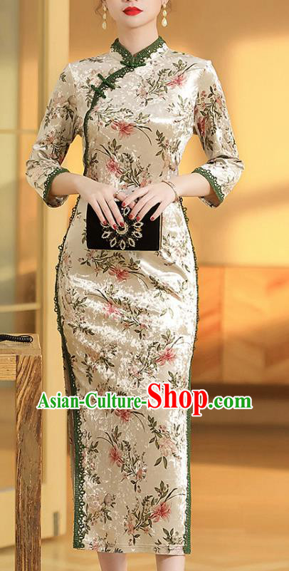 China Classical Beige Velvet Qipao Dress Traditional Tang Suit Printing Flowers Cheongsam Costume