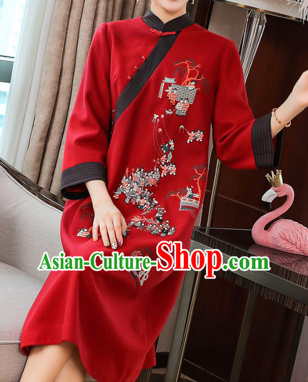 China Zen Costume Classical Qipao Dress Traditional Tang Suit Embroidered Red Woolen Cheongsam