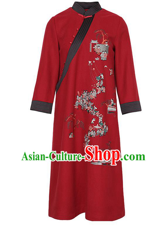 China Zen Costume Classical Qipao Dress Traditional Tang Suit Embroidered Red Woolen Cheongsam