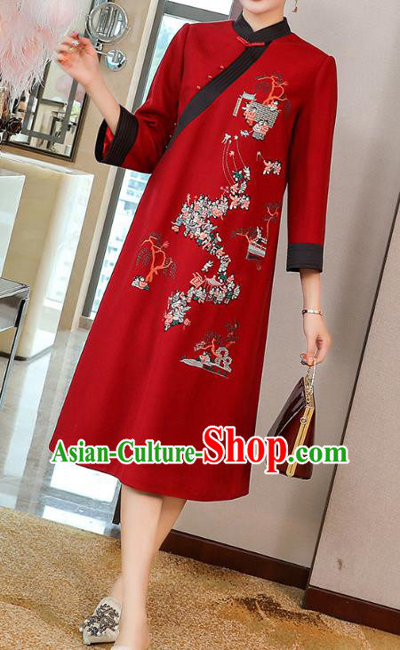 China Zen Costume Classical Qipao Dress Traditional Tang Suit Embroidered Red Woolen Cheongsam