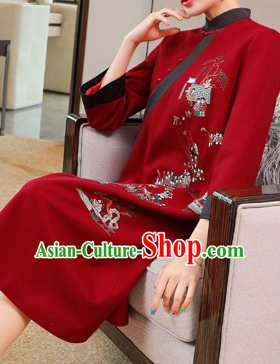 China Zen Costume Classical Qipao Dress Traditional Tang Suit Embroidered Red Woolen Cheongsam