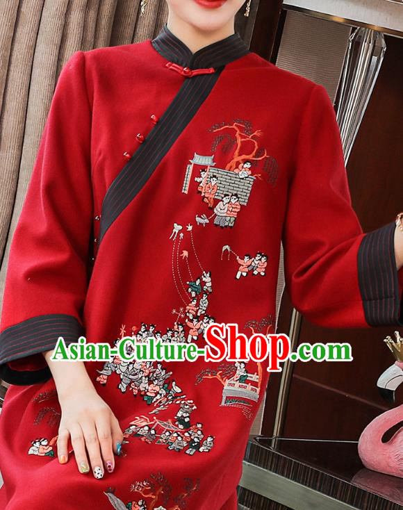 China Zen Costume Classical Qipao Dress Traditional Tang Suit Embroidered Red Woolen Cheongsam
