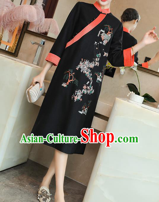 China Traditional Tang Suit Embroidered Cheongsam Zen Costume Classical Black Woolen Qipao Dress