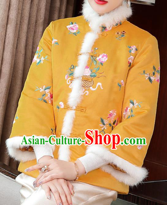 Chinese Traditional Embroidered Yellow Cotton Wadded Jacket Winter Tang Suit Overcoat Garment