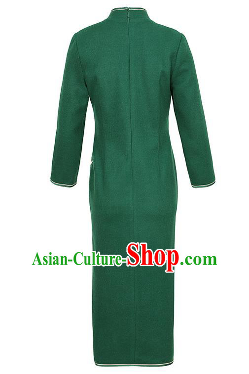 China Traditional Embroidered Green Wool Cheongsam Costume Classical Tang Suit Qipao Dress